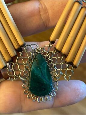 Vintage Reversible Malachite Bamboo Statement Necklace 17” Artisan